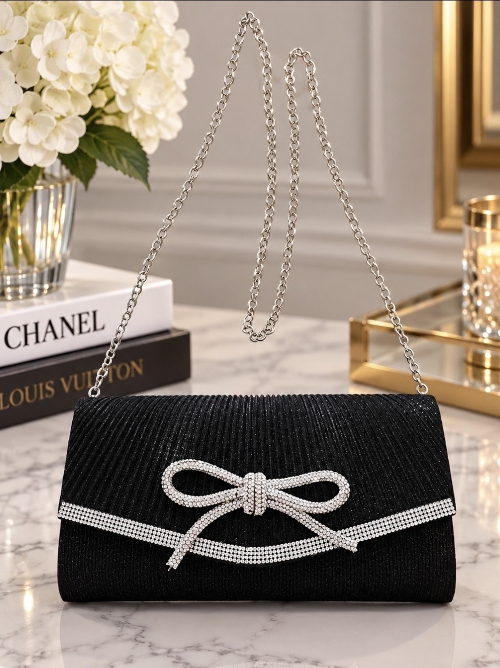 Elegant Black Rhinestone Bow Evening Clutch - Unbranded